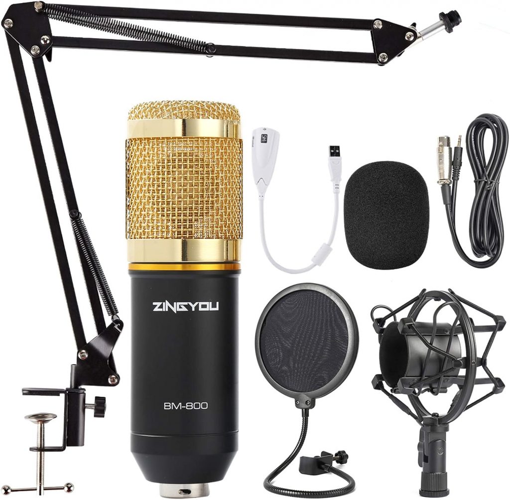 ZINGYOU Condenser Microphone Bundle, BM-800 Mic Kit with Adjustable Mic Suspension Scissor Arm, Metal Shock Mount and Double-Layer Pop Filter for Studio Recording  Broadcasting (Gold)
